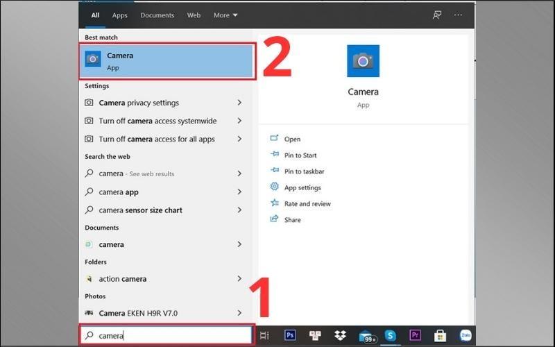 Mở thanh Search, sau đó gõ từ khóa camera