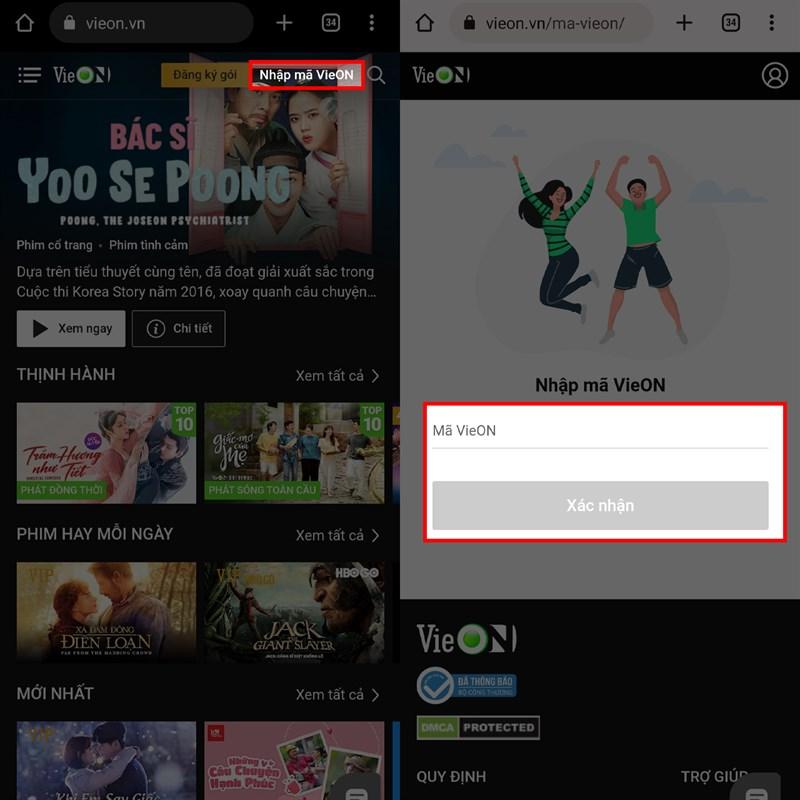Nhập mã VieON