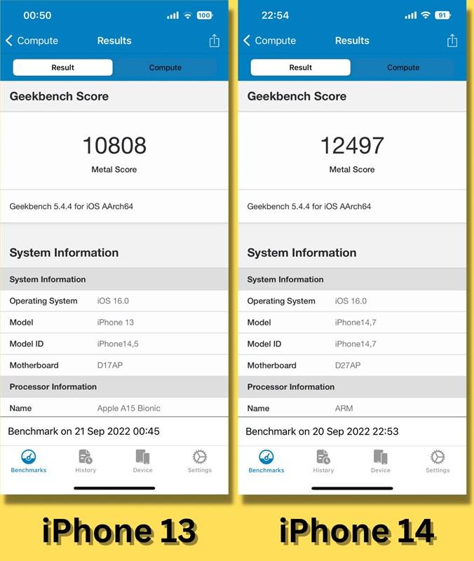 So sánh điểm Geekbench 5 (GPU Compute) của iPhone 13 (bên trái) so với iPhone 14 (bên phải).