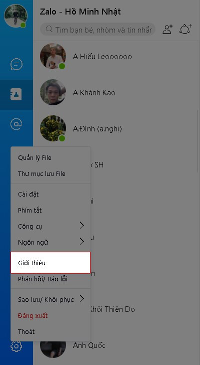 Alt: Chọn mục Giới thiệu trong cài đặt Zalo PC