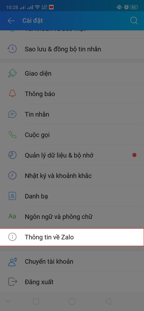 Alt: Chọn thông tin về Zalo trên điện thoại