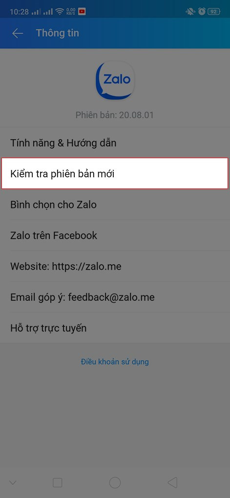 Alt: Kiểm tra phiên bản Zalo mới trên điện thoại