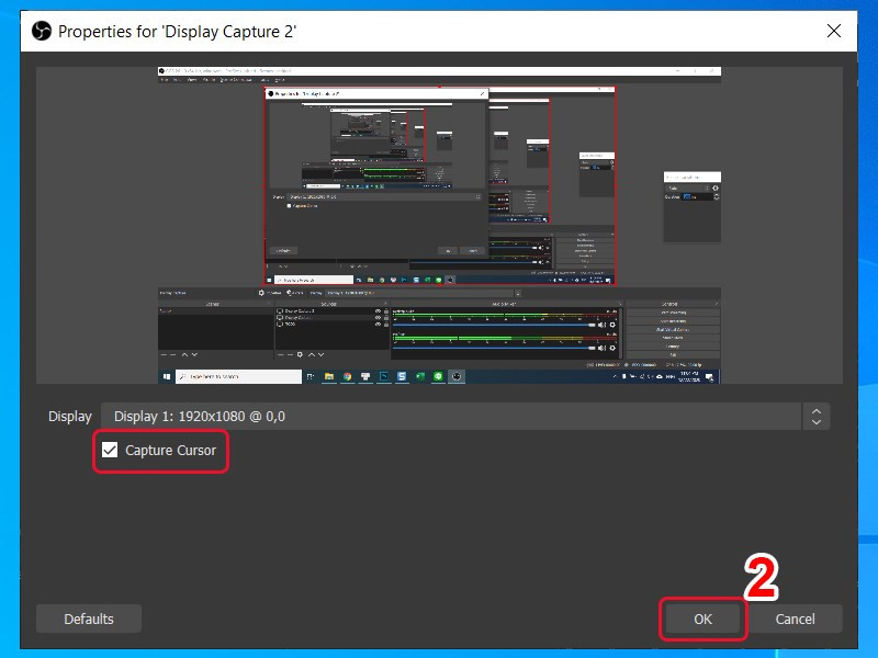 alt text: Cài đặt quay màn hình và con trỏ chuột trong OBS Studio