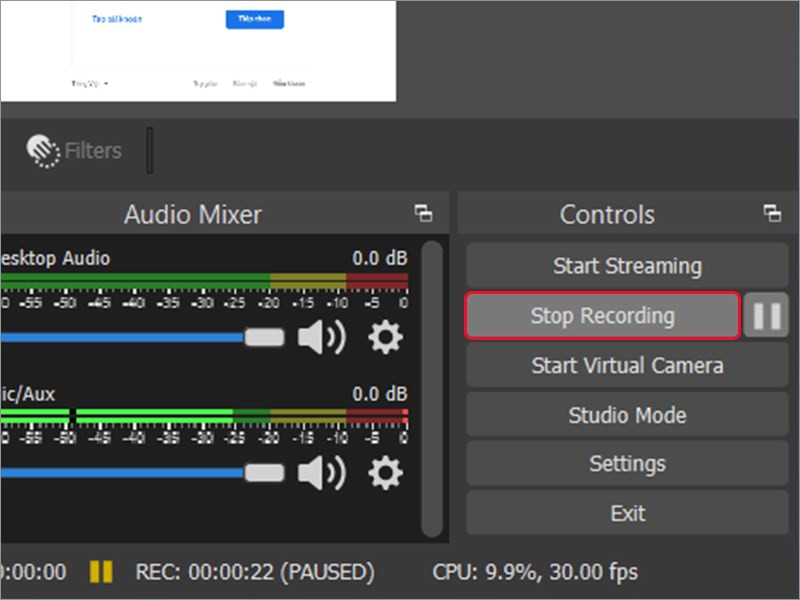 alt text: Dừng quay màn hình trong OBS Studio