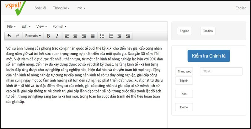 alt text: Giao diện kiểm tra chính tả với Trang web VSpell