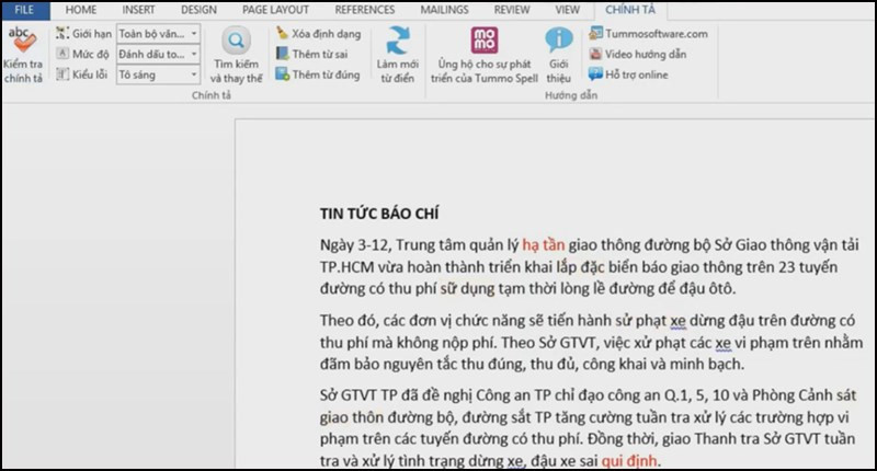 alt text: Giao diện kiểm tra chính tả với Tummo Spell