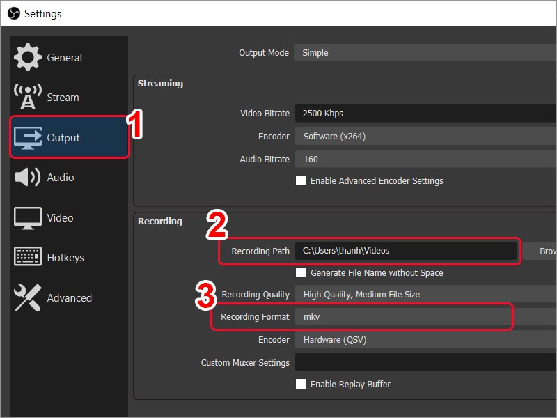 alt text: Kiểm tra đường dẫn và định dạng video trong OBS Studio