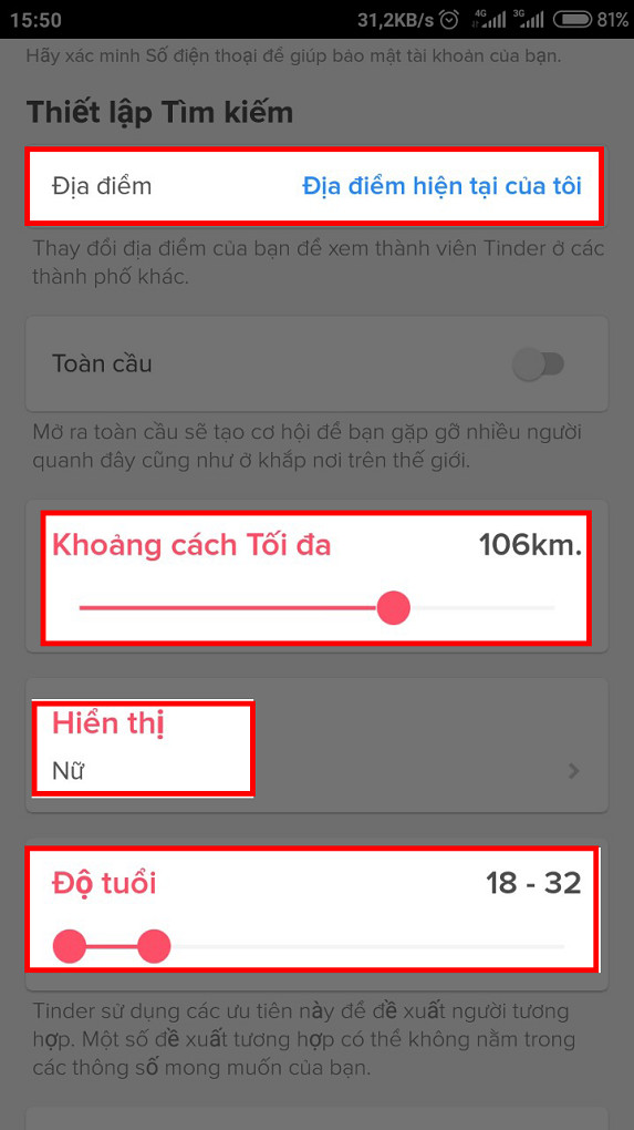 alt text: Thay đổi thiết lập tìm kiếm trên Tinder