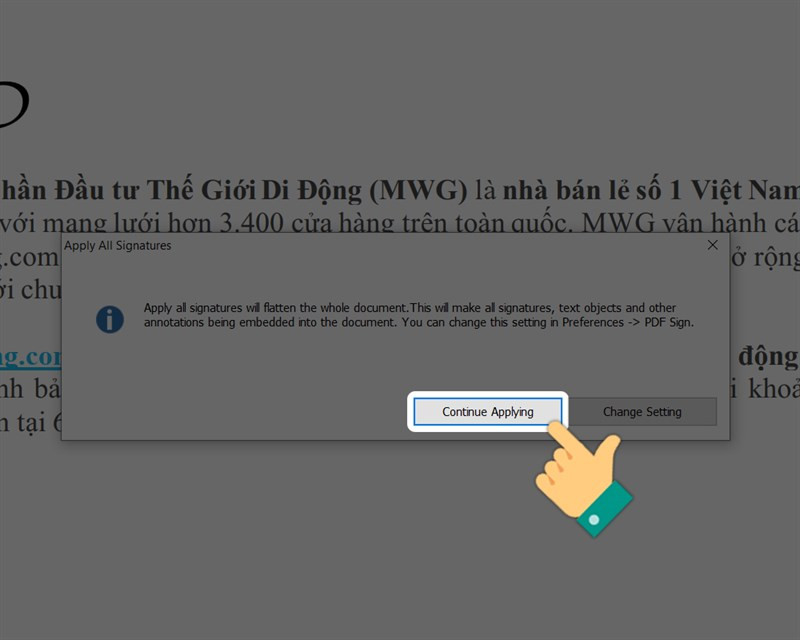 Chọn Continue Applying để xác nhận chèn chữ ký