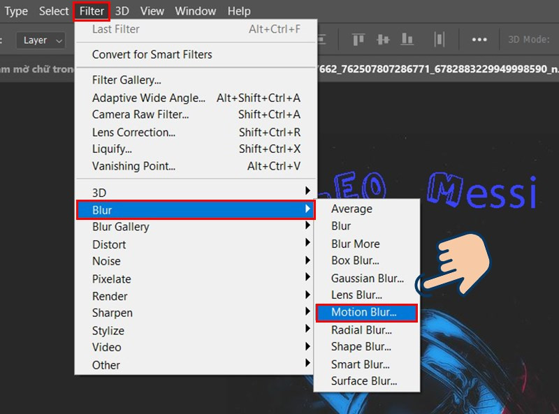 "Chọn hiệu ứng Motion Blur từ menu Filter"