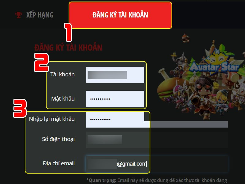 Điền thông tin đăng ký tài khoản Avatar Star Online