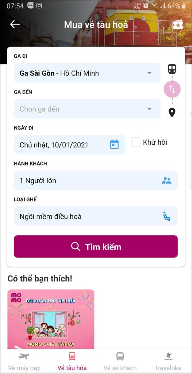 Giao diện đặt vé của Momo