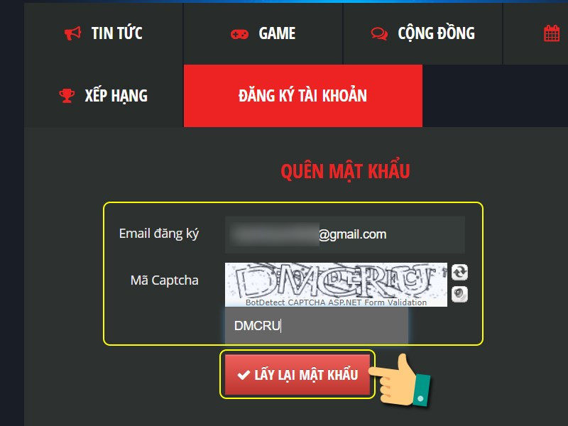 Nhập email để lấy lại mật khẩu Avatar Star Online