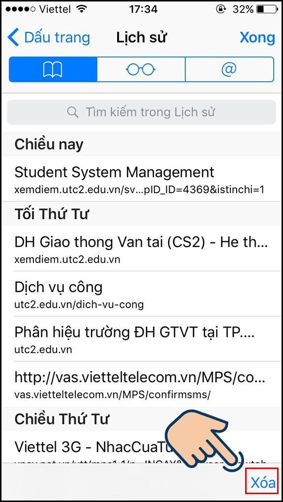 Tại đây bạn có thể xem lịch sử duyệt web của mình. Nếu muốn xóa bạn hãy chọn vào Xóa.