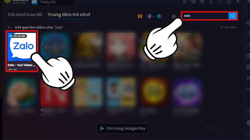 Tìm Zalo trên thanh Tìm kiếm &gt; Nhấn chọn Zalo