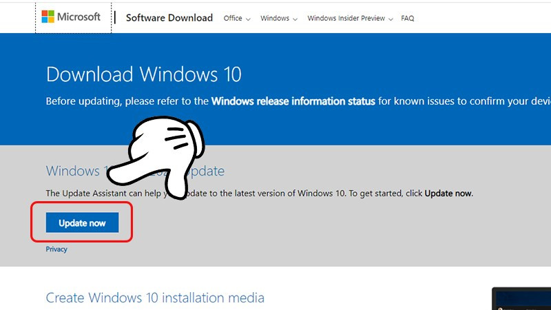 Truy cập v&agrave;o trang web hỗ trợ của Microsoft v&agrave; click v&agrave;o Update Now