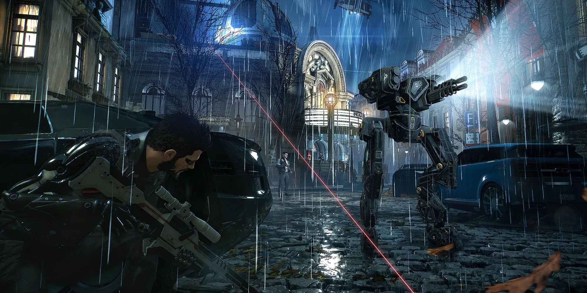 Adam Jensen ẩn nấp khỏi robot tuần tra trong Deus Ex Mankind Divided