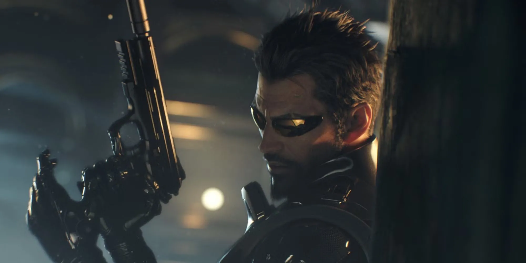 Adam Jensen trong Deus Ex Mankind Divided với bối cảnh thành phố tương lai u ám