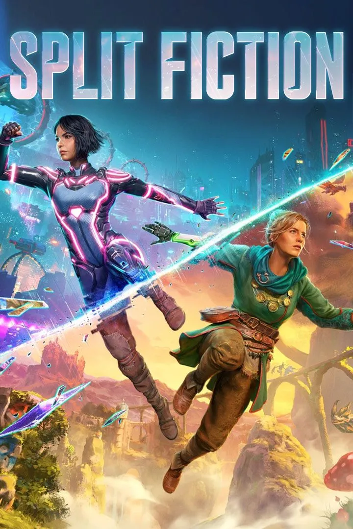Ảnh bìa chính thức của game Split Fiction, tựa game co-op mới từ Hazelight Studios với hai nhân vật chính trong một khung cảnh kỳ ảo.