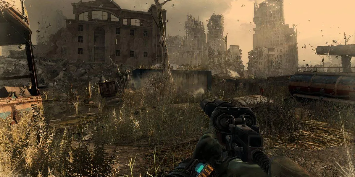 Ảnh bìa hoặc một cảnh trong game Metro: Last Light với nhân vật chính và bối cảnh u tối