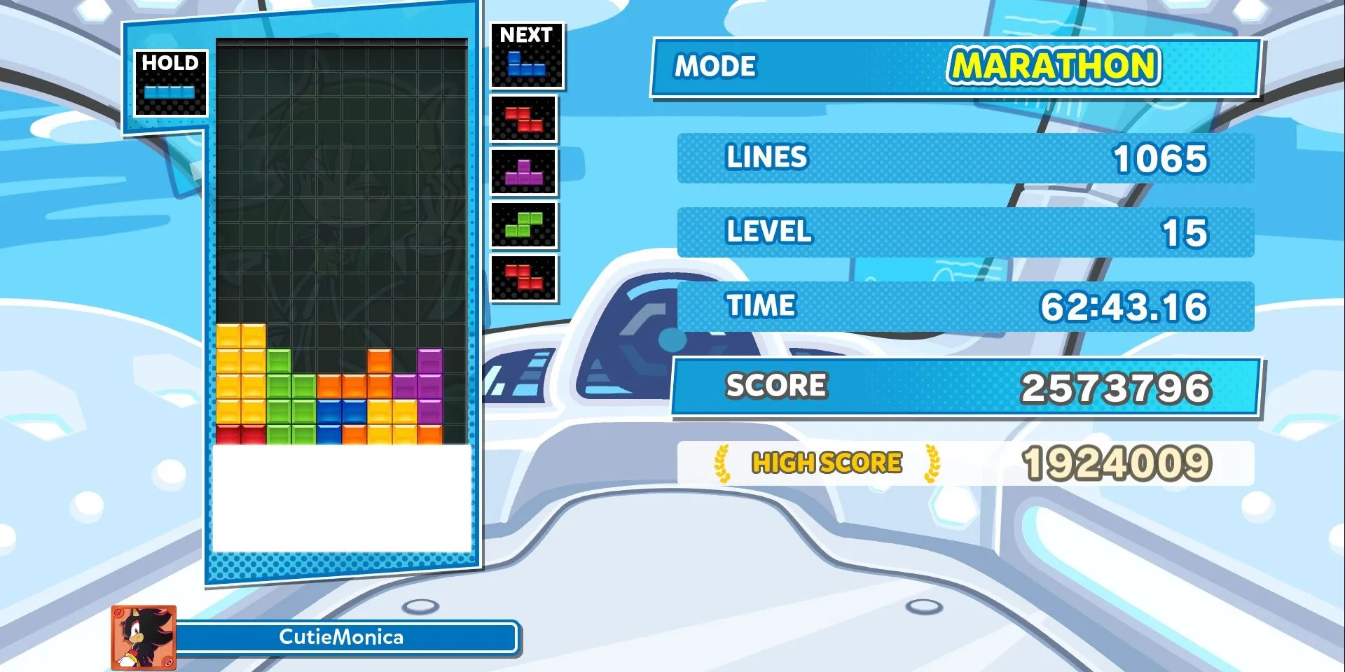 Ảnh chụp màn hình gameplay của Puyo Puyo Tetris 2 với các khối Puyo và Tetris đầy màu sắc