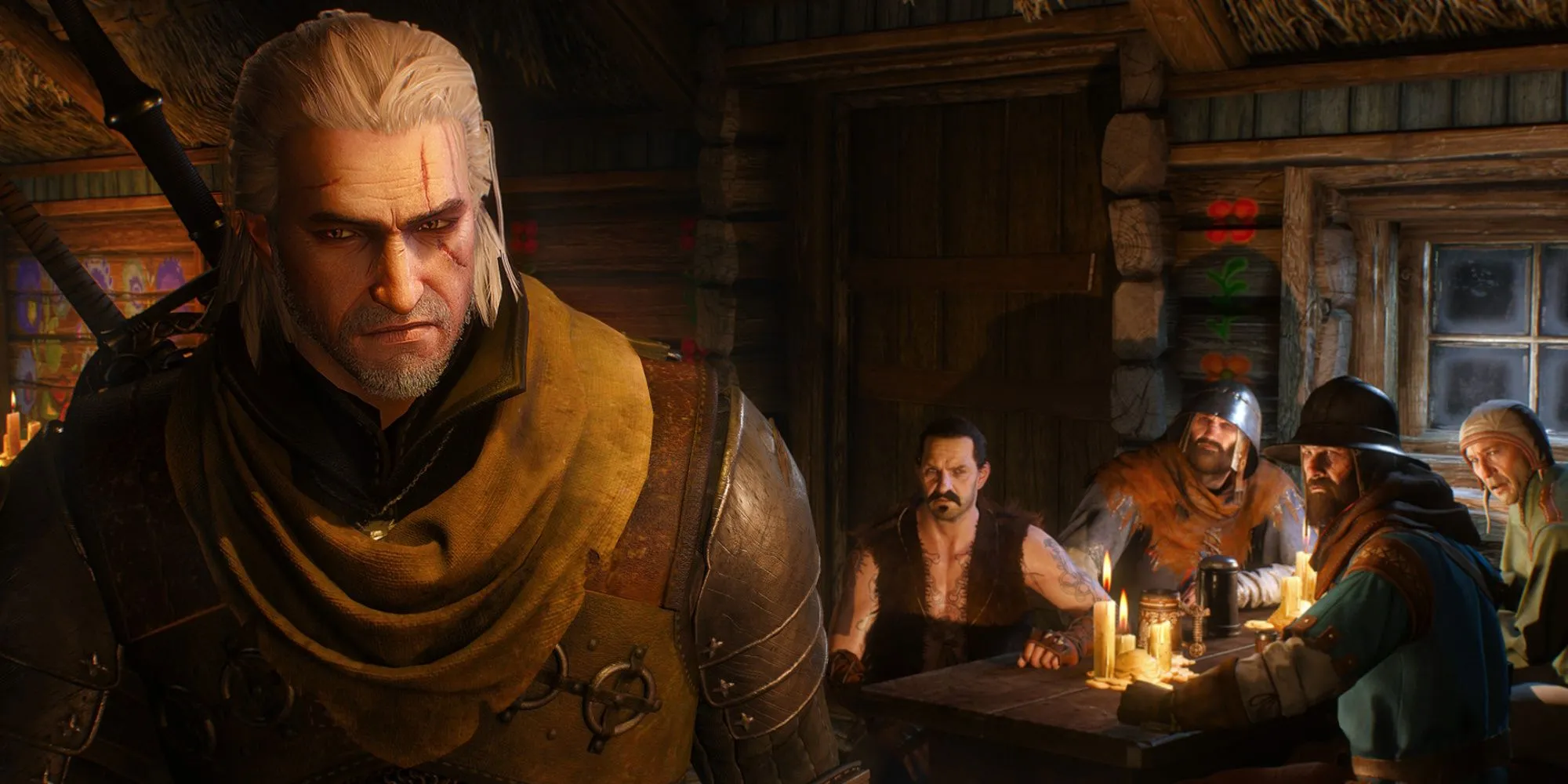 Ảnh chụp màn hình Geralt trong The Witcher 3 đứng giữa khung cảnh chiến đấu từ Steam