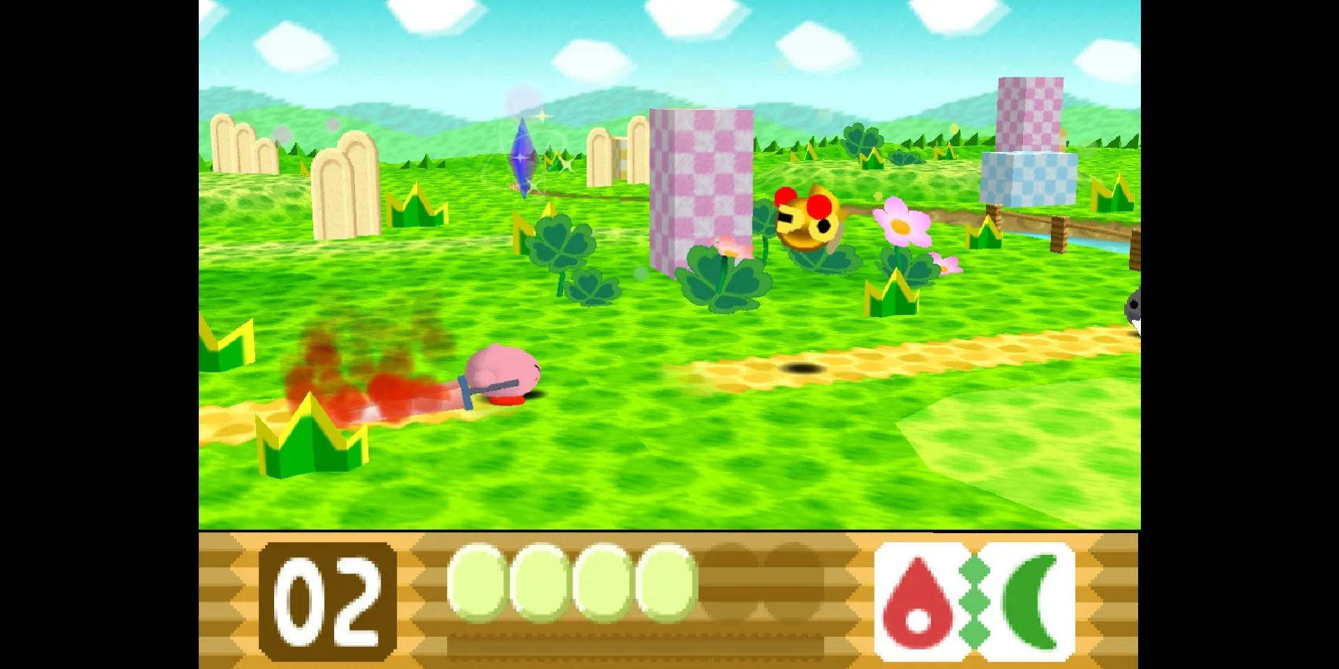 Ảnh chụp màn hình Kirby 64: The Crystal Shards, với năng lực Lửa và Cắt được kết hợp tạo ra Thanh kiếm Lửa.