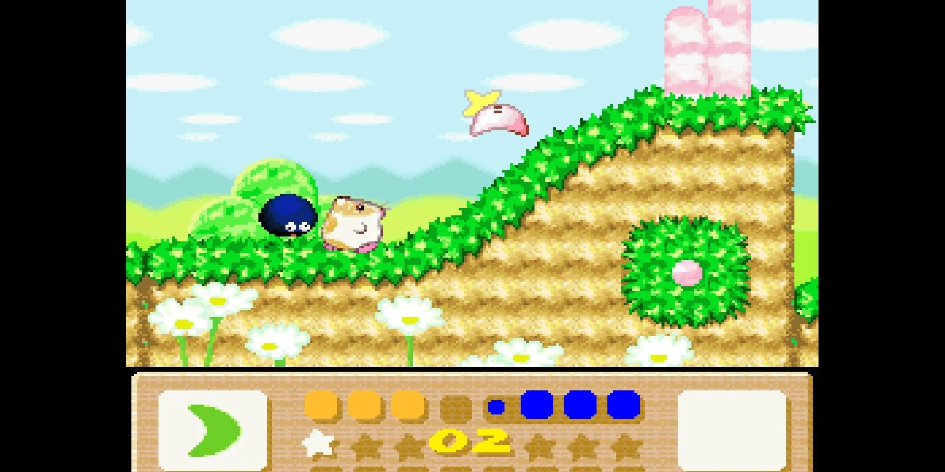 Ảnh chụp màn hình Kirby cưỡi Rick với năng lực Cutter trong Kirby's Dream Land 3.