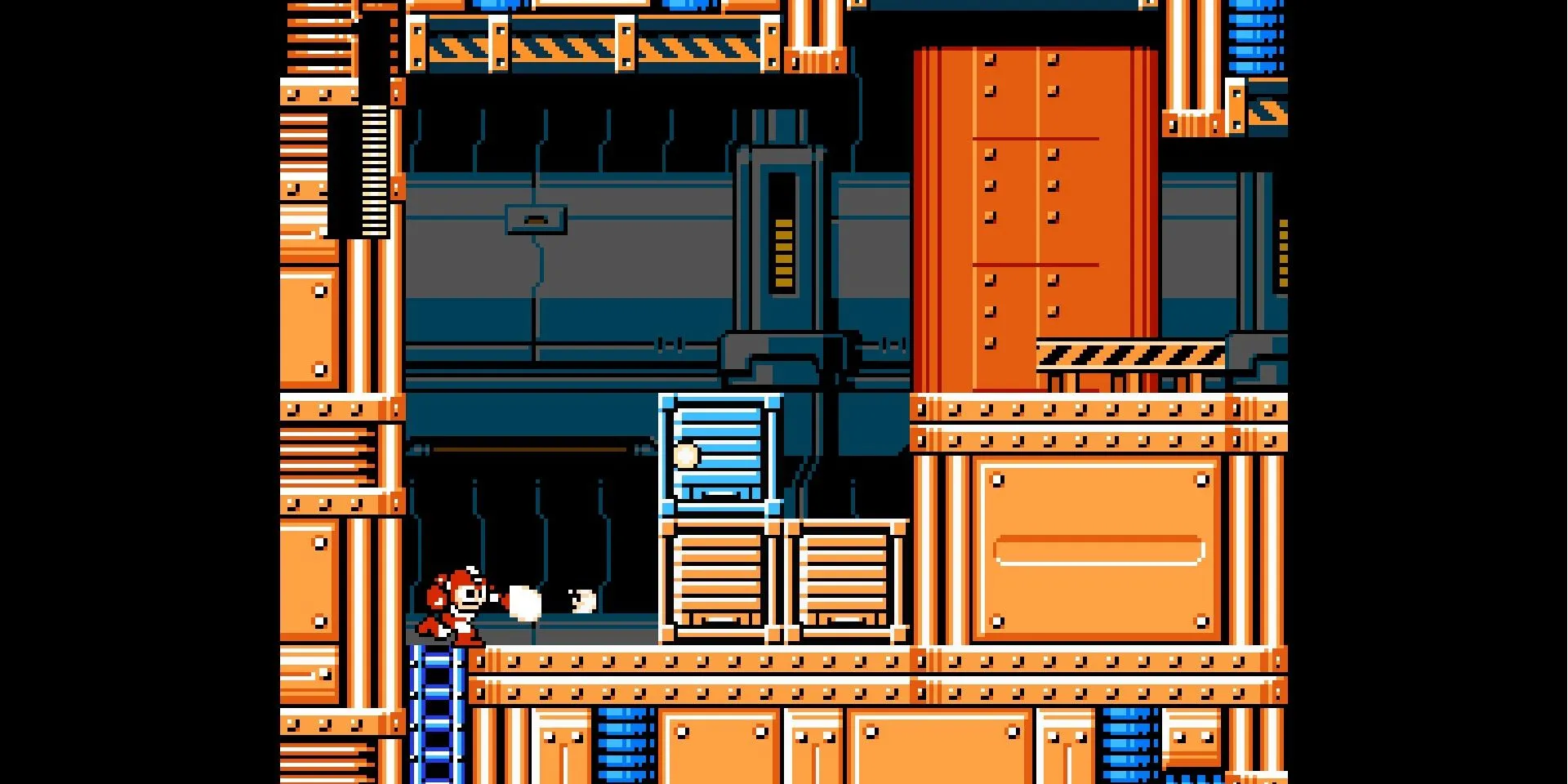 Ảnh chụp màn hình Mega Man Maker, với MegaMan trong một căn phòng kim loại, sử dụng cú đấm từ Mega Man 6