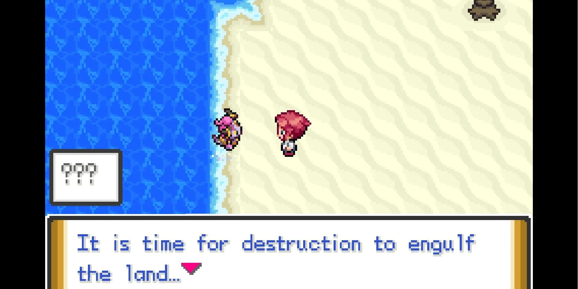 Ảnh chụp màn hình Pokémon Unbound với nhân vật tóc hồng trên bãi biển nói chuyện với Hoopa