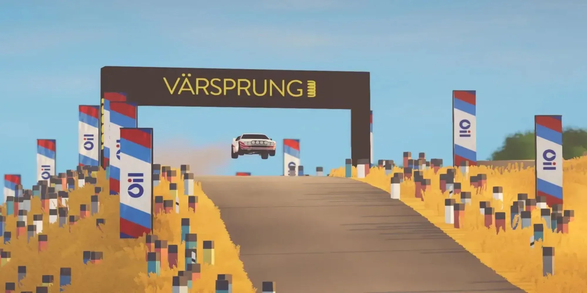 Ảnh chụp màn hình tựa game Art of Rally với phong cách đồ họa độc đáo và góc nhìn từ trên xuống