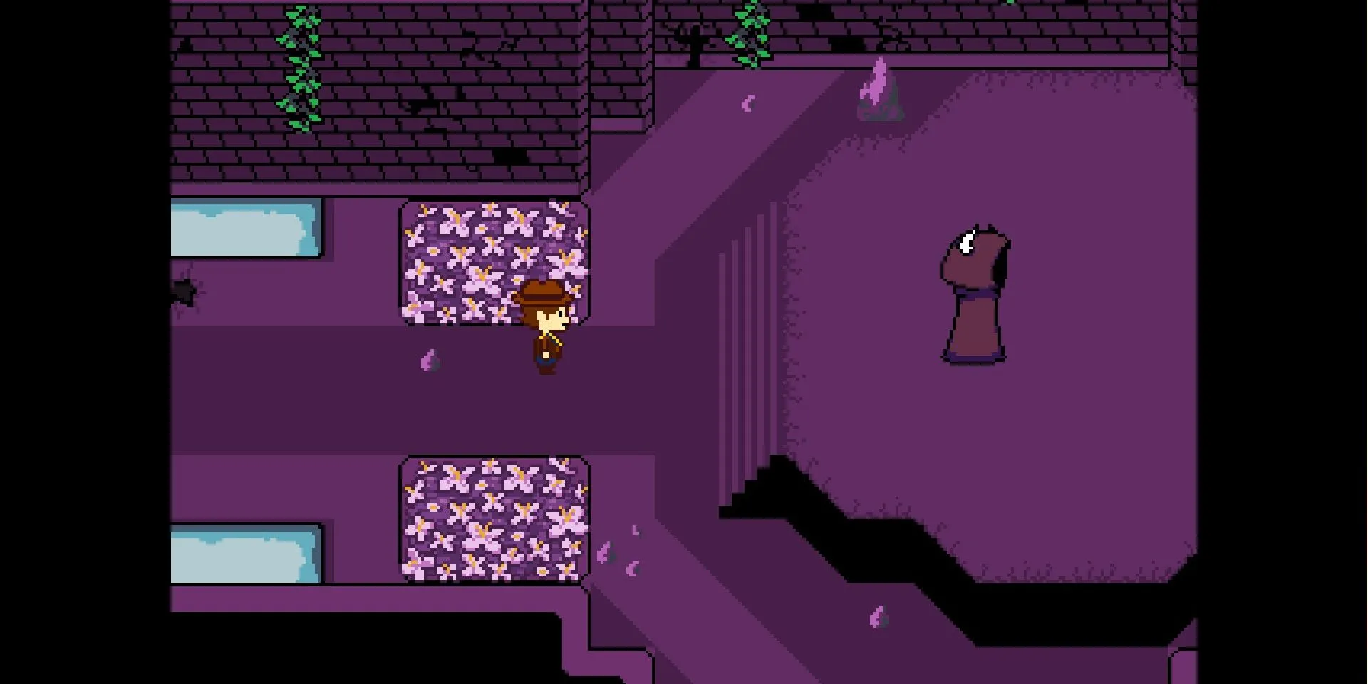 Ảnh chụp màn hình Undertale Yellow, với Clover chạm trán Dalv trong Ruins