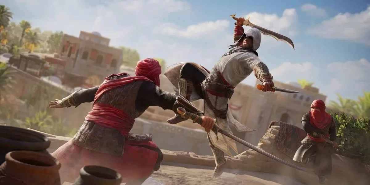 Ảnh quảng bá cho game Assassin's Creed Mirage với nhân vật chính Basim đứng giữa khung cảnh Trung Đông cổ kính