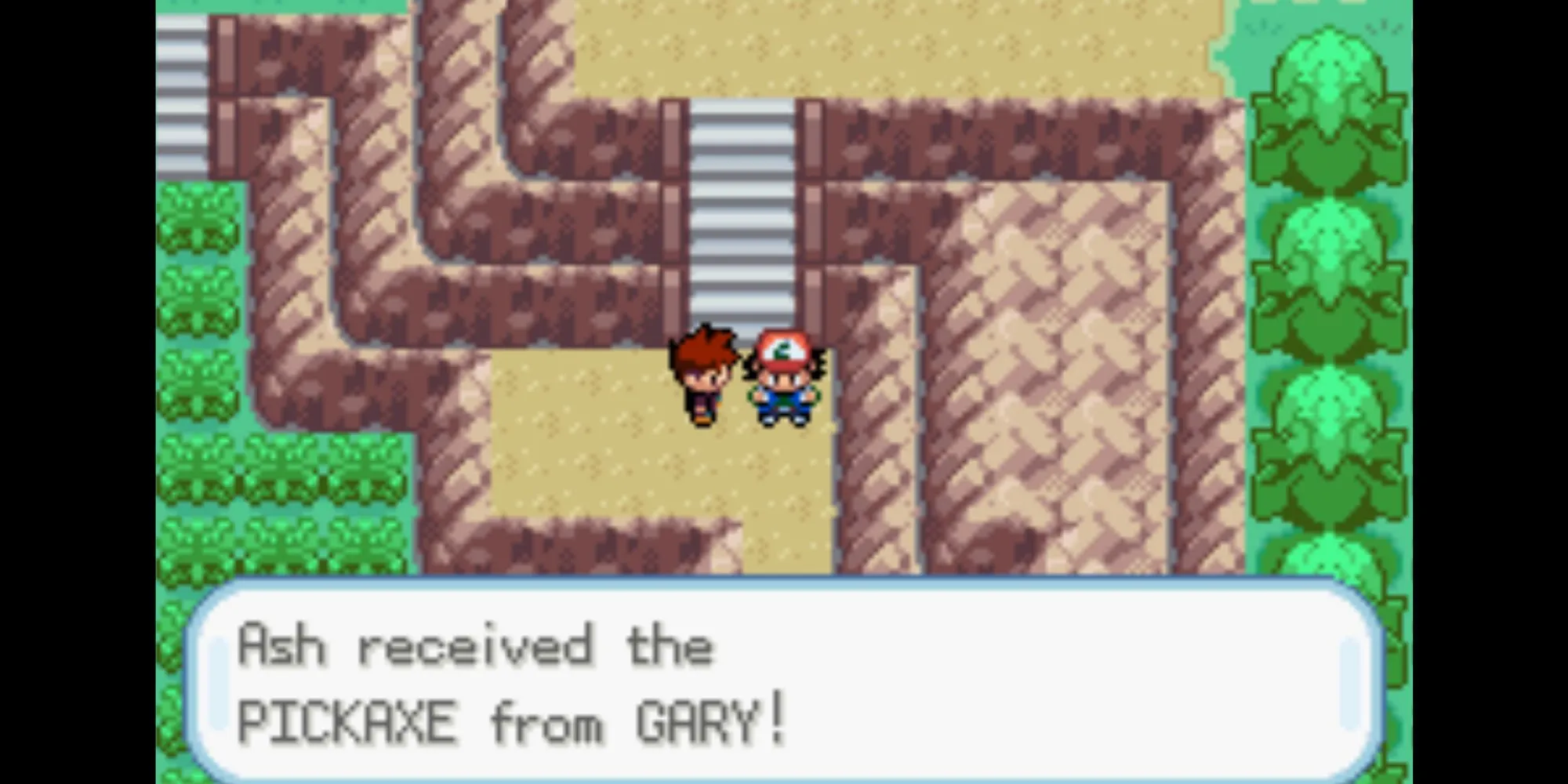 Ash nhận Cuốc Chim từ đối thủ Gary trong Pokemon Ash Gray