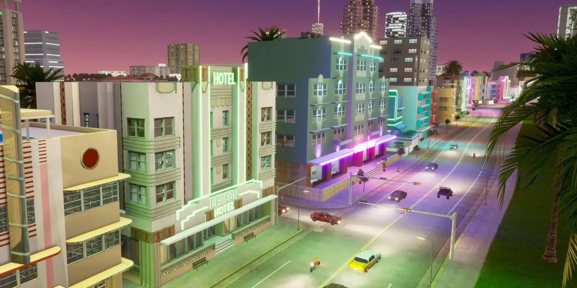 Bãi biển Ocean Beach rực rỡ ánh đèn neon về đêm ở Vice City