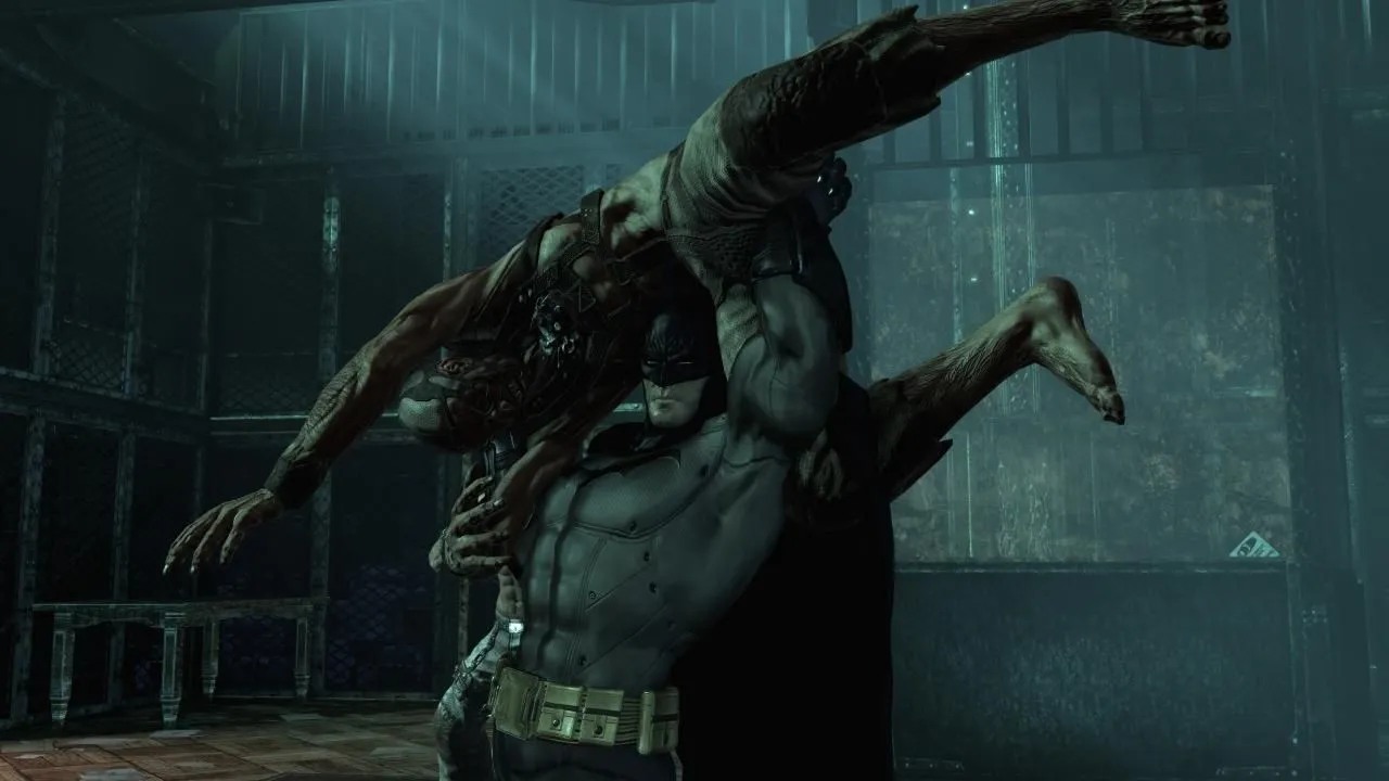 Batman lượn trên bầu trời đêm u ám của thành phố Arkham