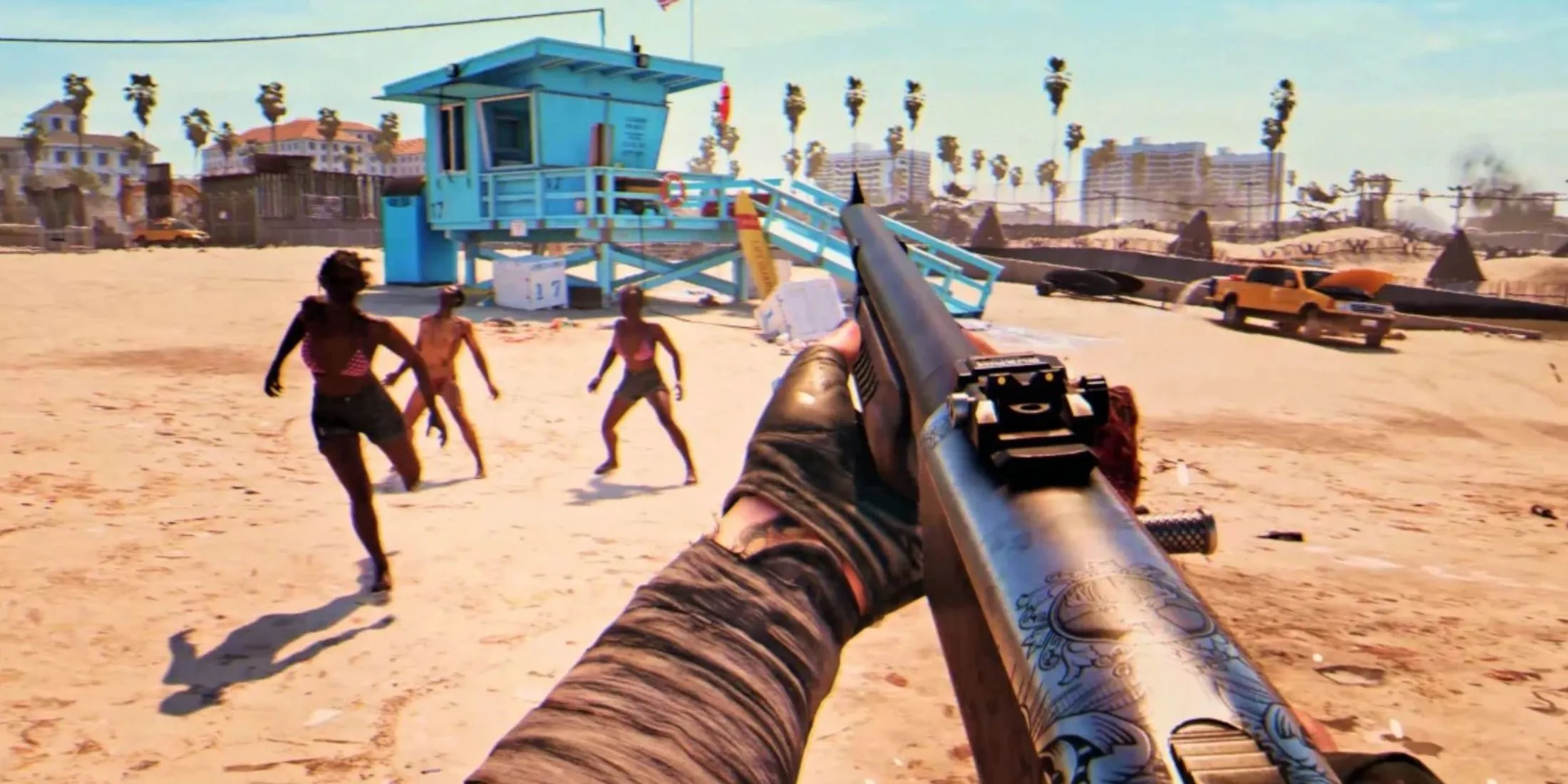 Bầy zombie trên bãi biển đầy nắng của Los Angeles trong Dead Island 2, hình ảnh sắc nét trên PS5 Pro