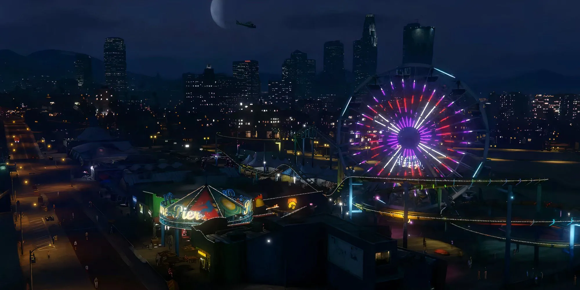 Bến tàu giải trí về đêm ở Los Santos trong GTA 5 với vòng đu quay và ánh đèn rực rỡ.