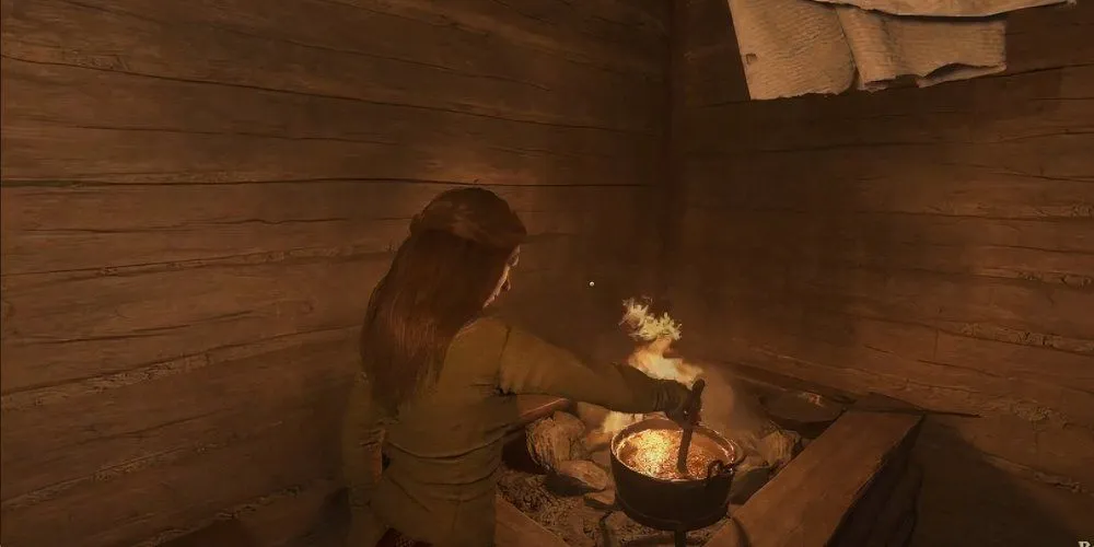 Betty đang nấu ăn trong nhà tắm Kingfisher ở Kingdom Come Deliverance 2 để bắt đầu nhiệm vụ A Good Scrub