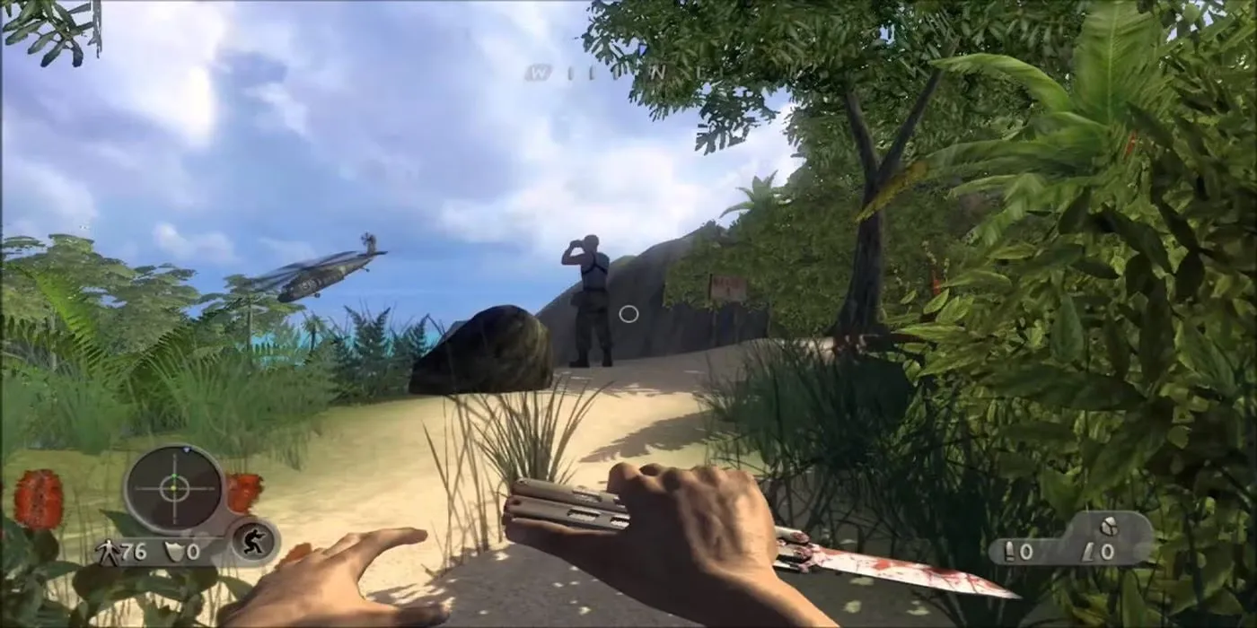 Bìa game Far Cry Instincts thể hiện nhân vật chính và bối cảnh rừng rậm nhiệt đới