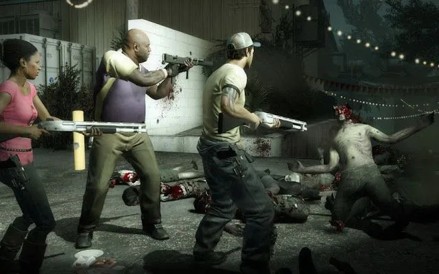 Bìa game Left 4 Dead với hình ảnh 4 người sống sót chiến đấu với zombie
