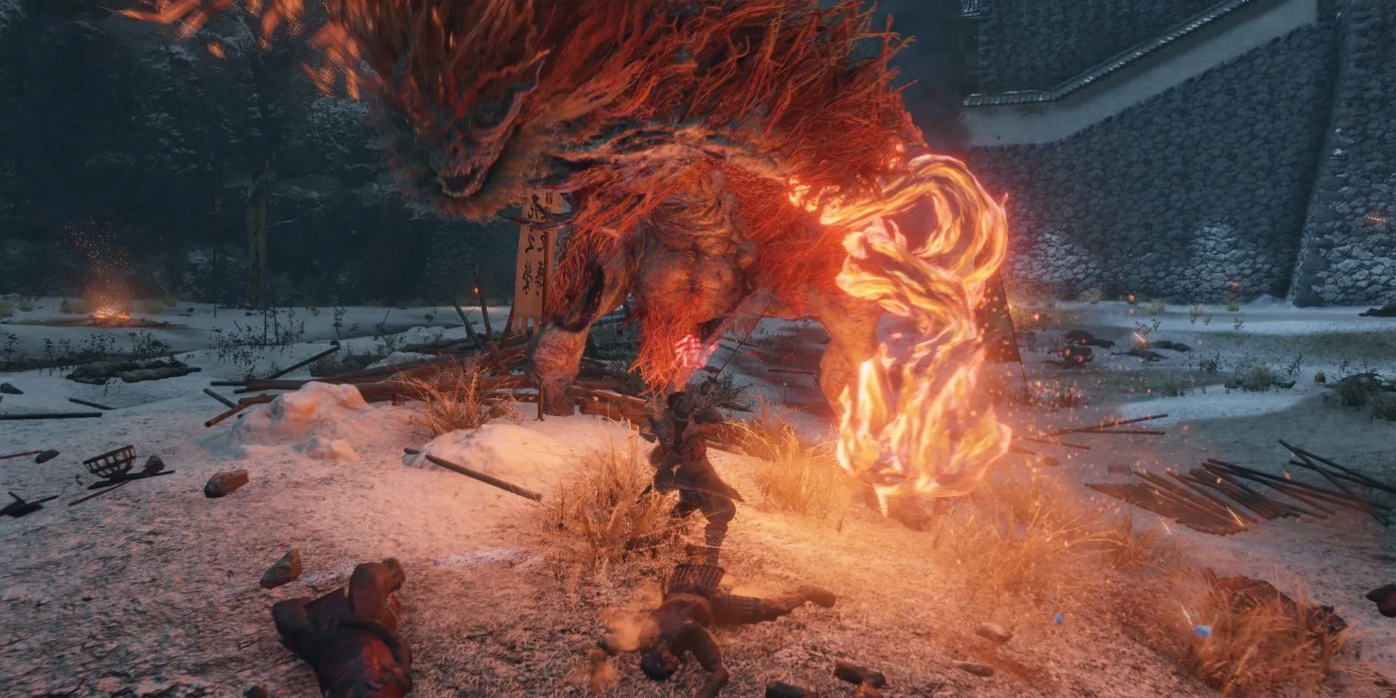 Boss Demon of Hatred khổng lồ chuẩn bị tấn công Wolf trong Sekiro Shadows Die Twice
