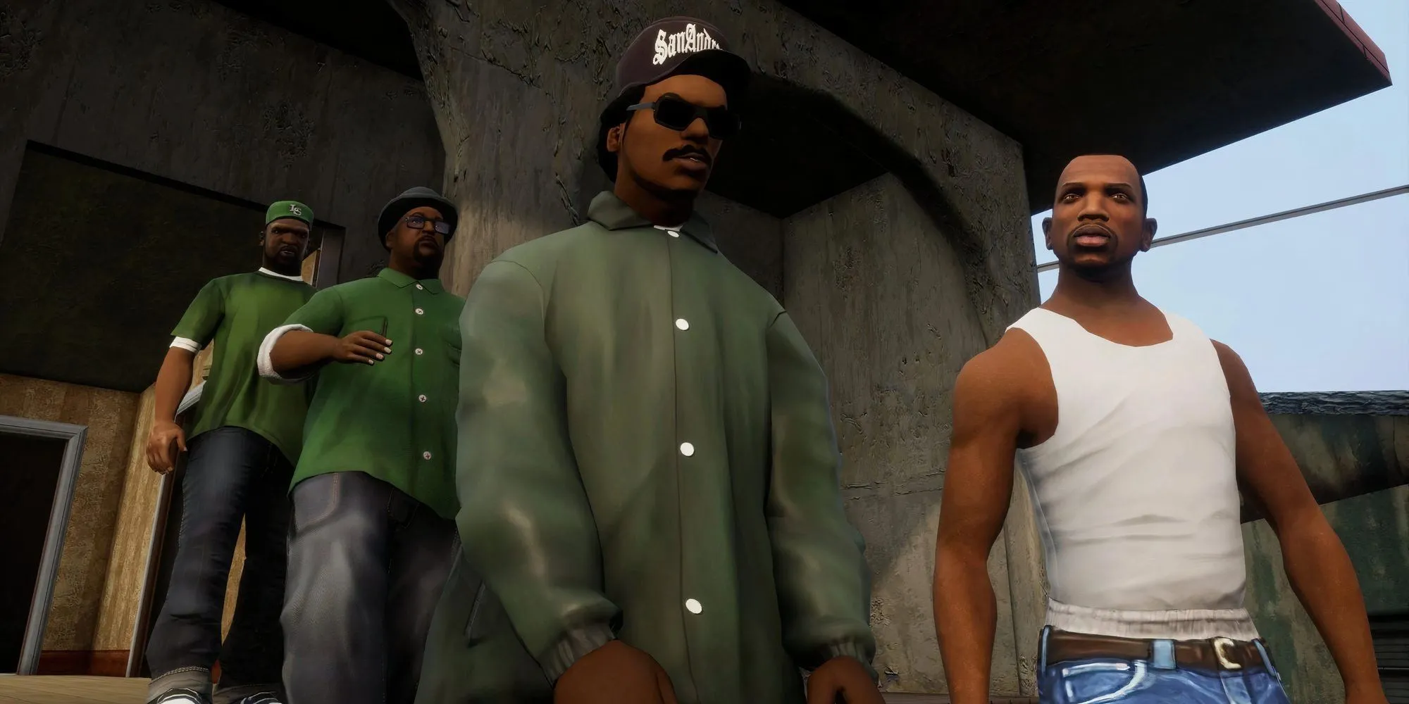 Các nhân vật chính của Grand Theft Auto San Andreas rời khỏi một công trình đá