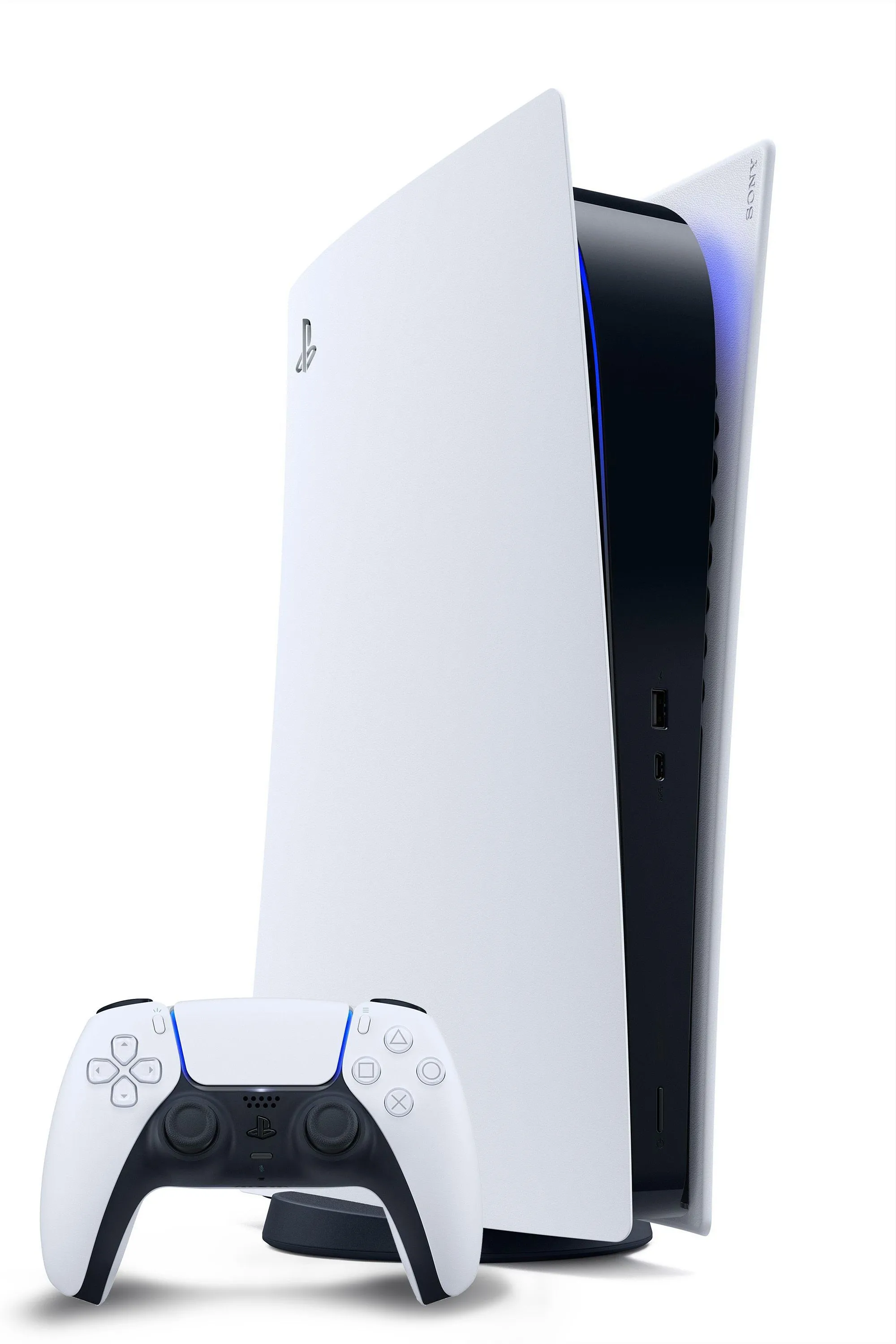 Cận cảnh máy chơi game Sony PlayStation 5 màu trắng đặt thẳng đứng