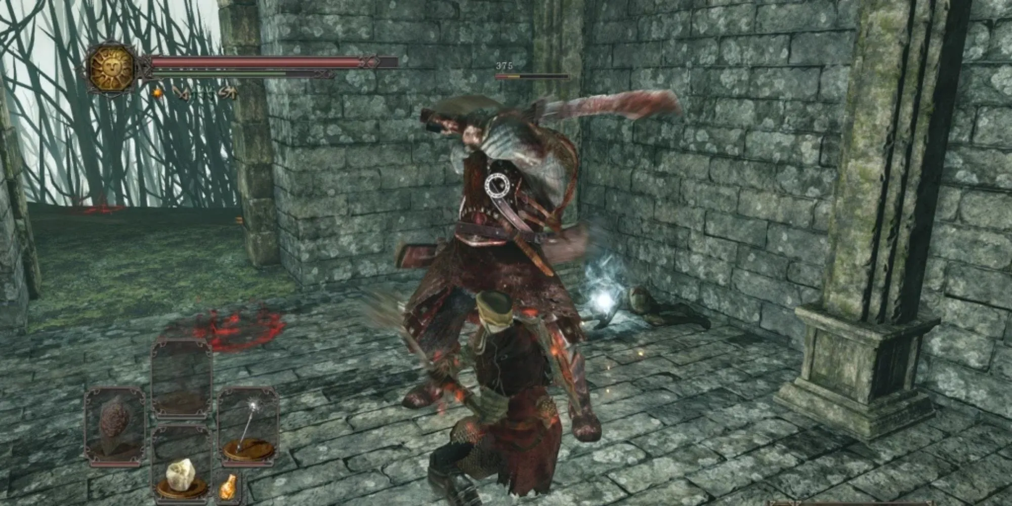 Cảnh chiến đấu với một kẻ địch trong thế giới u ám của Dark Souls 2