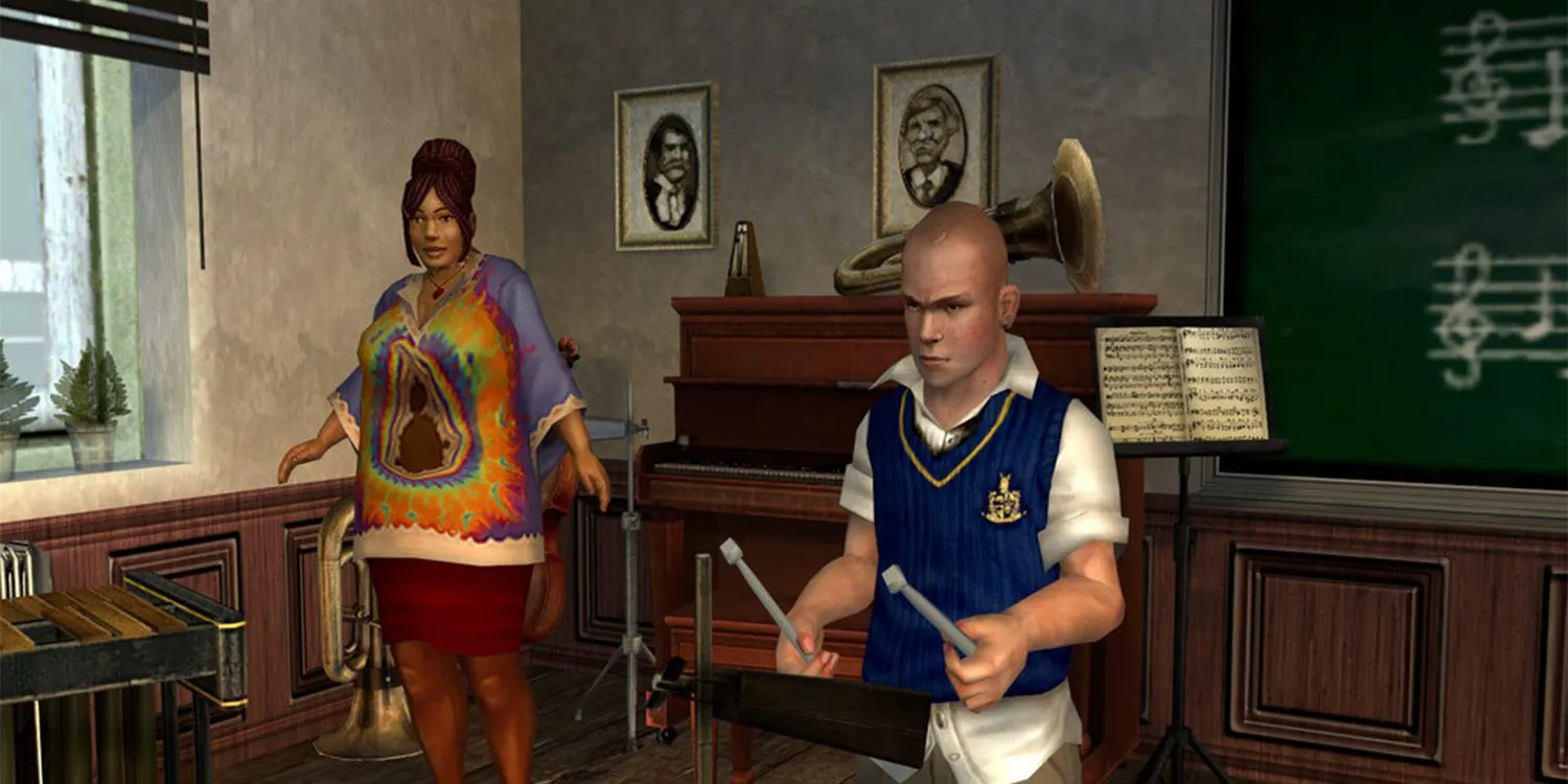Cảnh trong lớp học nhạc của game Bully, nơi Jimmy Hopkins phải hoàn thành các thử thách nhịp điệu