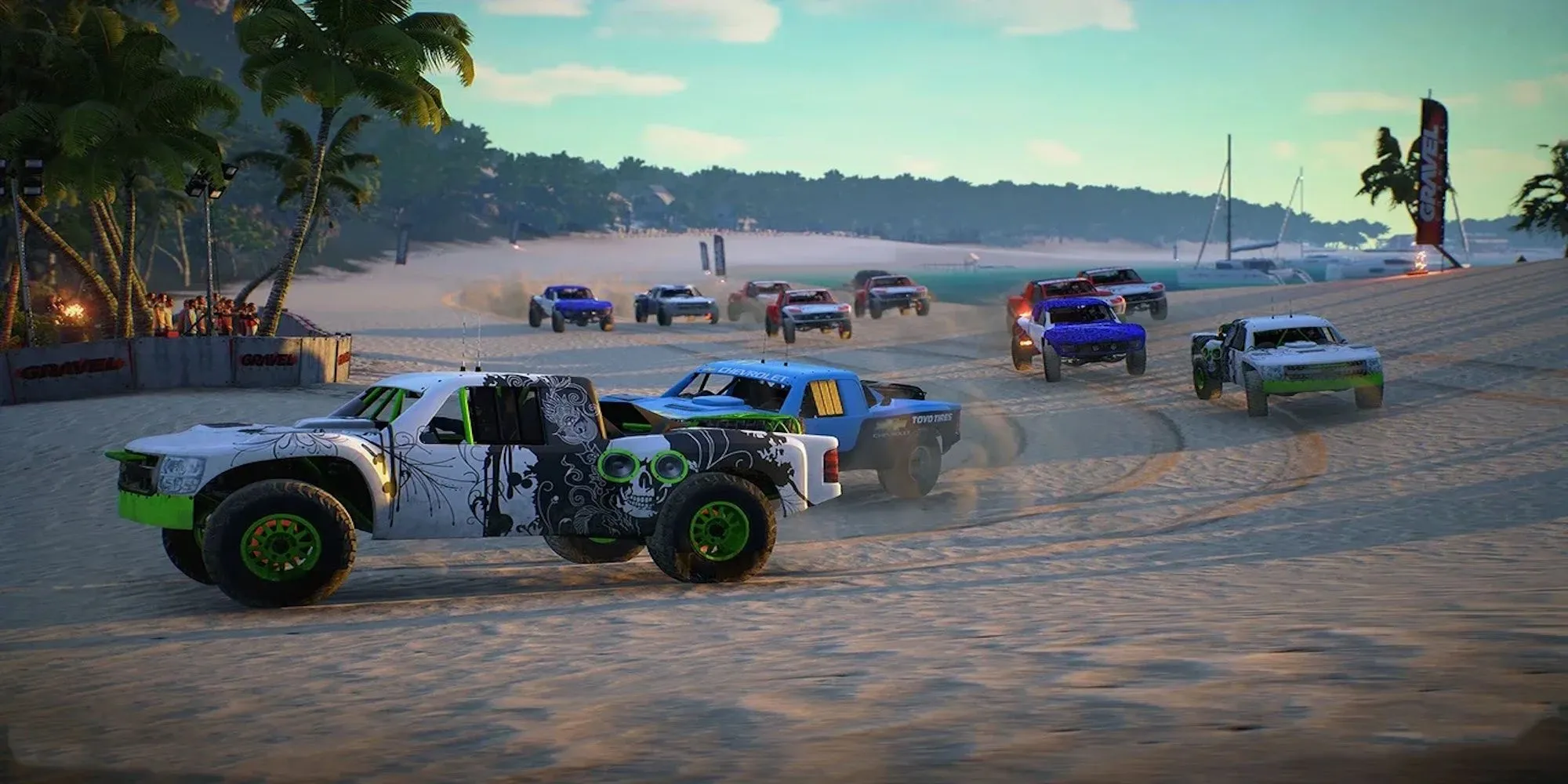 Chiếc xe đua off-road đang bay qua không trung trong một cảnh đua đầy kịch tính của game Gravel