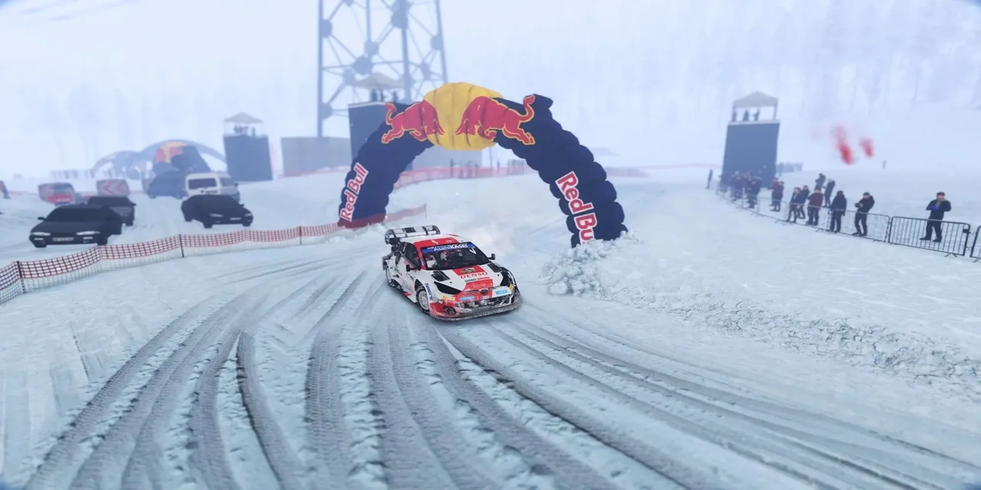 Chiếc xe đua WRC hiện đại đang thực hiện cú nhảy trên đường đua trong WRC Generations