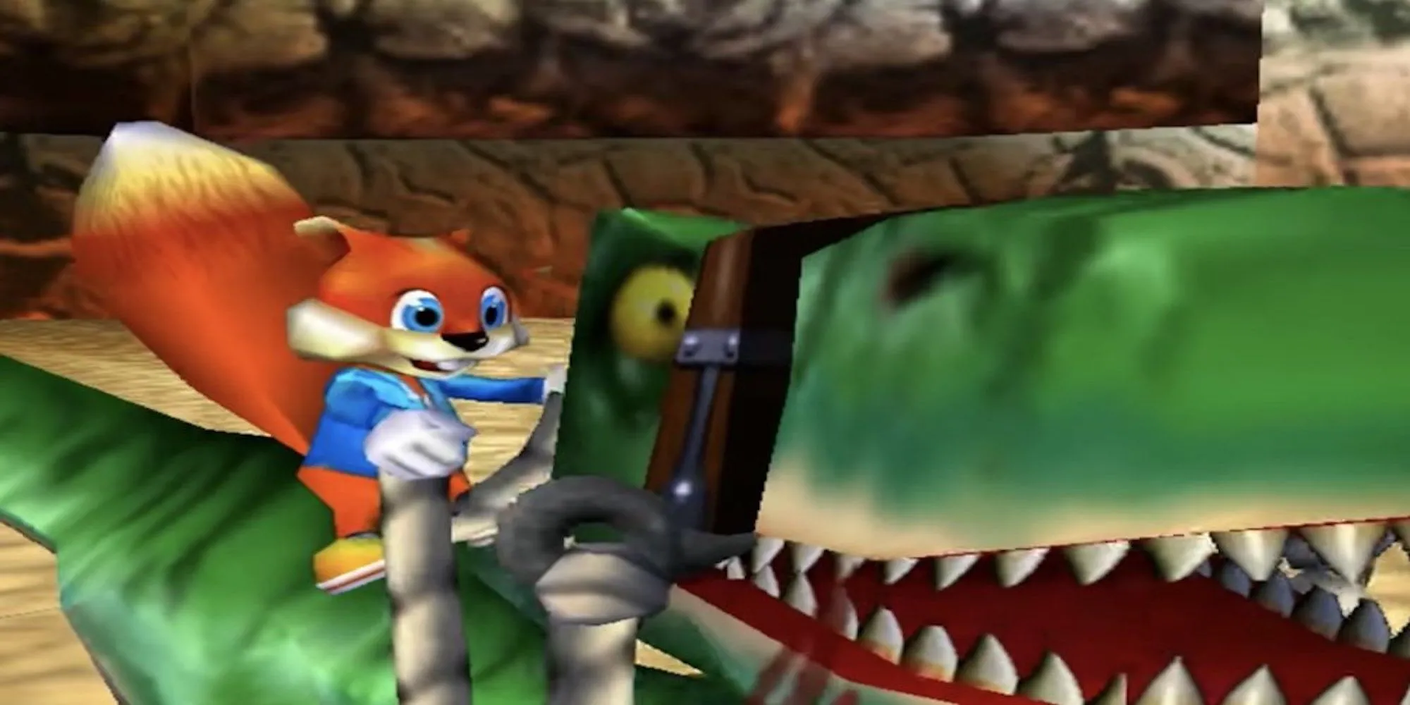 Chú sóc Conker cưỡi một con khủng long trong game Conker's Bad Fur Day
