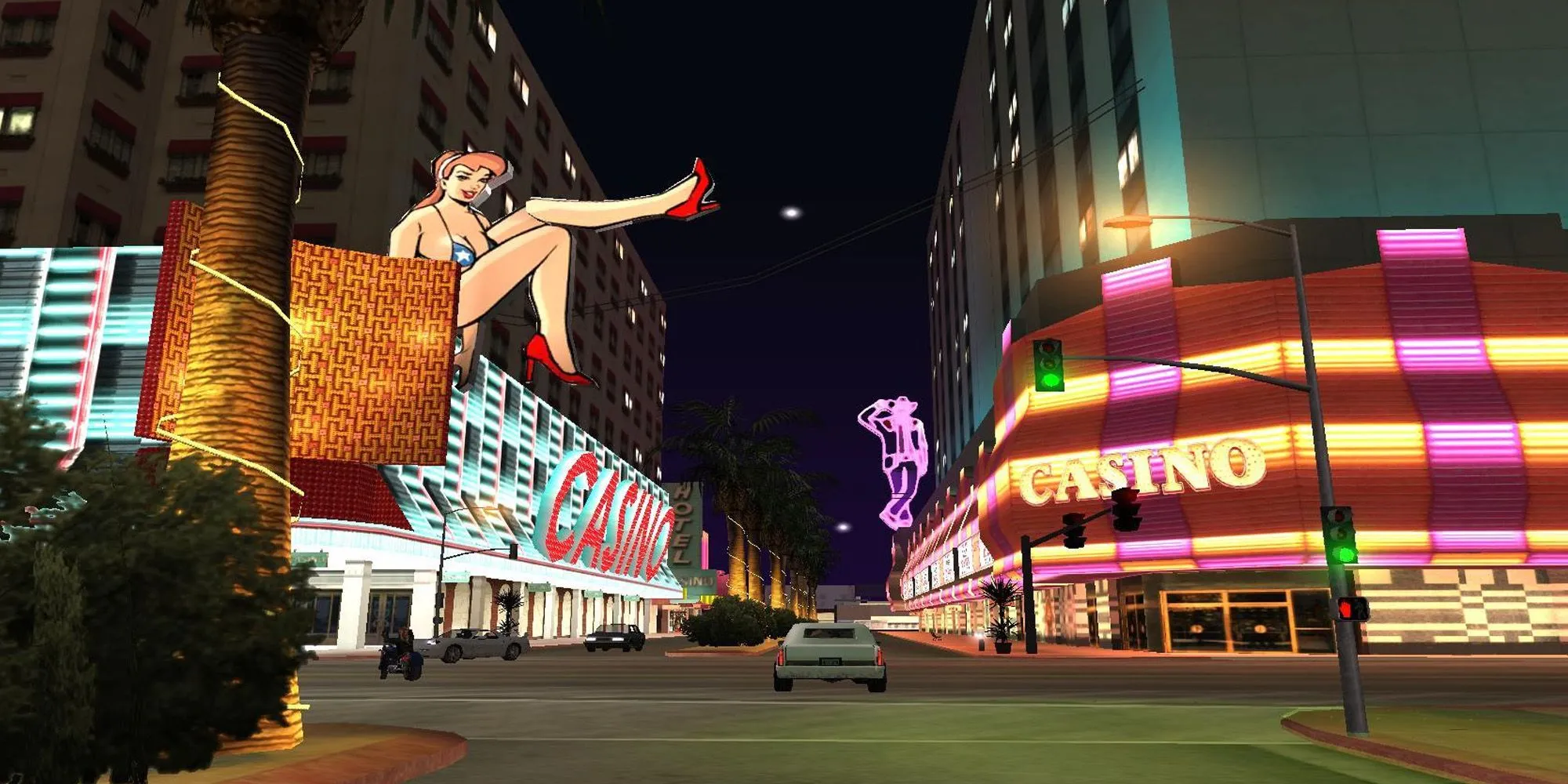 Dải Las Venturas Strip lung linh ánh đèn sòng bạc về đêm trong GTA San Andreas